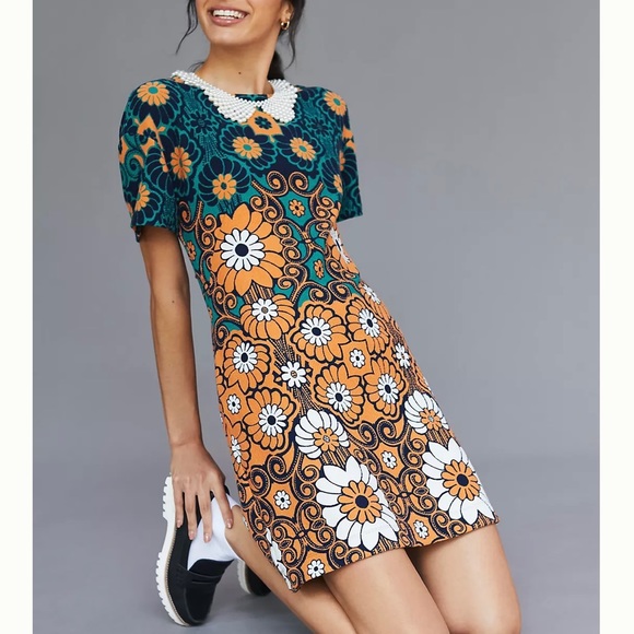 Anthropologie Dresses & Skirts - Maeve by Anthropology teal and orange flower power shift dress size medium